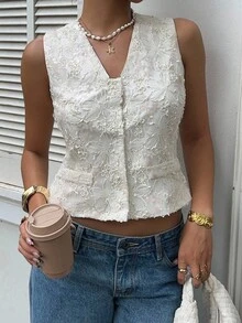 Siren Gaze Heavy Embroidery Vest For Women, Autumn Coat, Fashionable Commuting Elegant Top. Laoqian Style Summer Casual - Apricot - View 3
