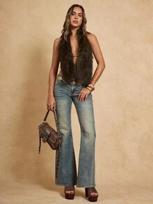 SHEIN BAE Autumn And Winter Sexy Asymmetrical Hem Tie Deep V Faux Fur Vest, Suitable For Going Out, Night Party, Rave Party, Western, Brown Tops,Halloween Costumes,Fall Clothes For Women