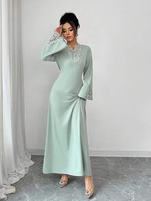 Rafferiza Women's Loose V-Neck Ruffle Hem Long Sleeve Robe, Turkish Robe, Arabian Robe Fall Cloth For Women - Green - View 3