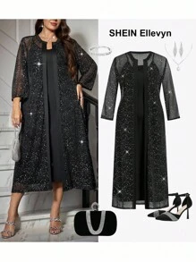 Ellevyn Curvy Plus Size Elegant Two-Piece Suit,Black Autumn Formal Evening Mesh Sequin Leaf Cardigan & Dress,Mother Of The Bride Wedding Guest Formal Outfit - Black - View 2