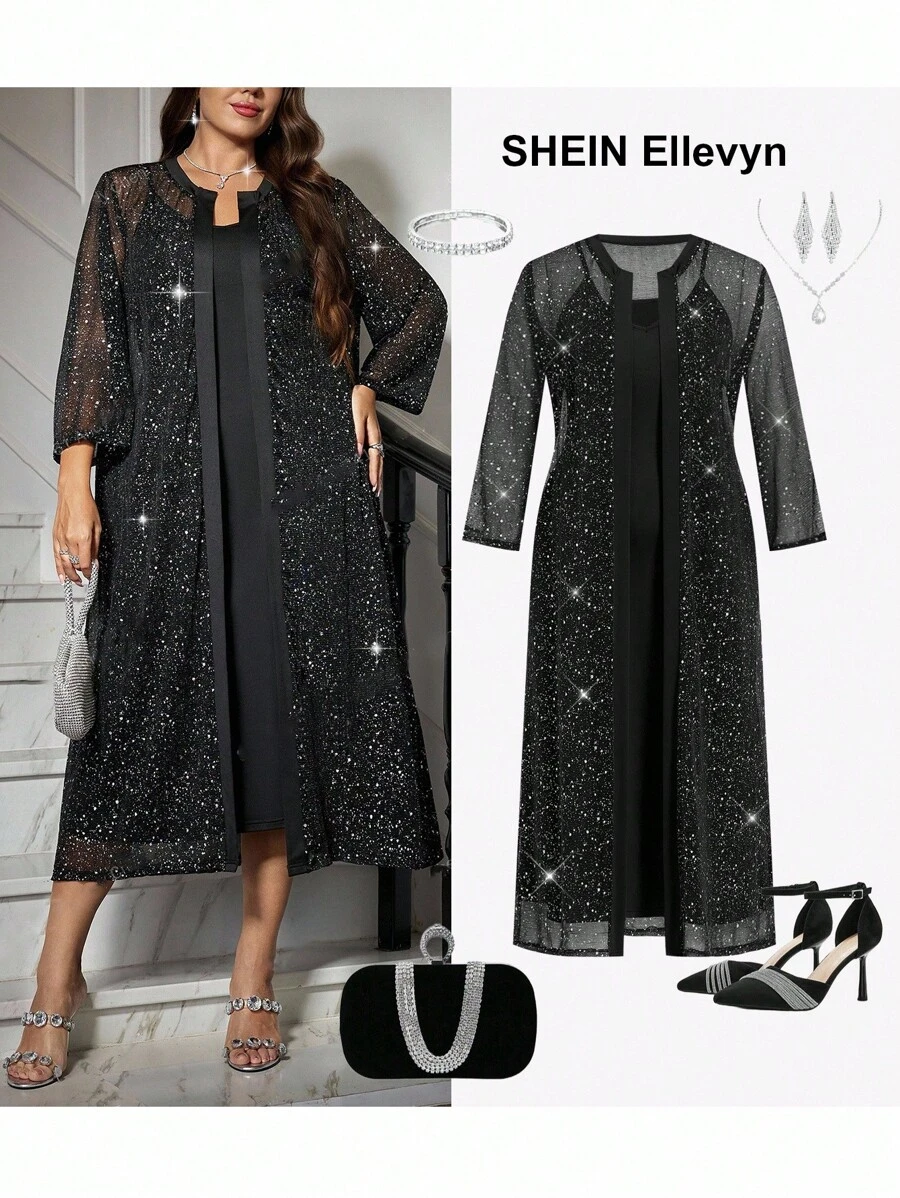 Ellevyn Curvy Plus Size Elegant Two-Piece Suit,Black Autumn Formal Evening Mesh Sequin Leaf Cardigan & Dress,Mother Of The Bride Wedding Guest Formal Outfit