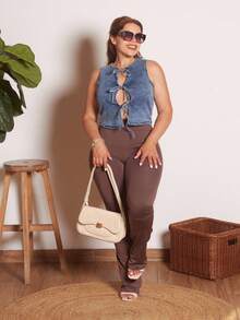 Lupita Cardoza Áo sơ mi denim không tay buộc phía trước hở lưng thường ngày dành cho nữ - Rửa tối - Xem 5