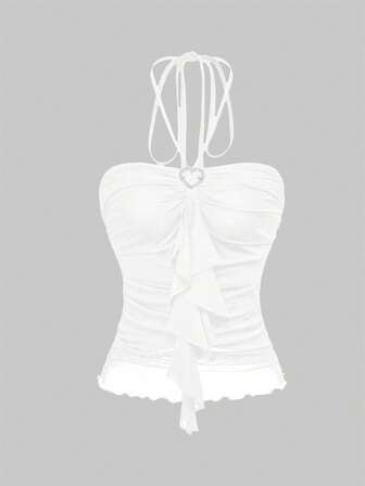 Kawaii Blusa sin mangas con cuello de corbata de unicolor casual para mujer, verano