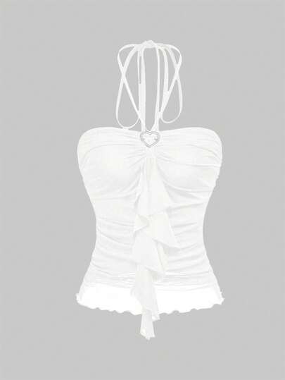 Kawaii Damen Lässig einfarbiges Top mit Schleifen-Kragen, ärmellos, Sommer