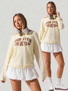 Fluxe Women's Casual Light-Yellow Featherweight Drapey Open-Stitch Knit Cover-Up With See-Through Letter Motif And Long Sleeves In Fall/Winter