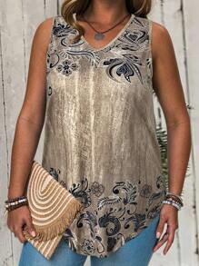 EMERY ROSE 大码女式印花休闲度假背心，乡村休闲蓝色印花背心，简约时尚，适合夏季、度假、日常休闲穿着，可作上衣、外出穿着，2025新款，秋季女装 - 杏色 - 查看 3