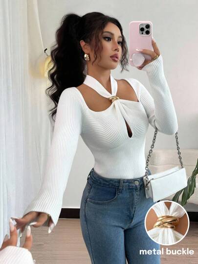 Chiquease Women's Metal Decor Hollow Out Design Long Sleeve Fitted Sweater Knit Pullover Fall Winter