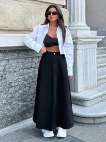 EURMUSE 100% Cotton A-LINE BLACK DENIM SKIRT - Black - View 7