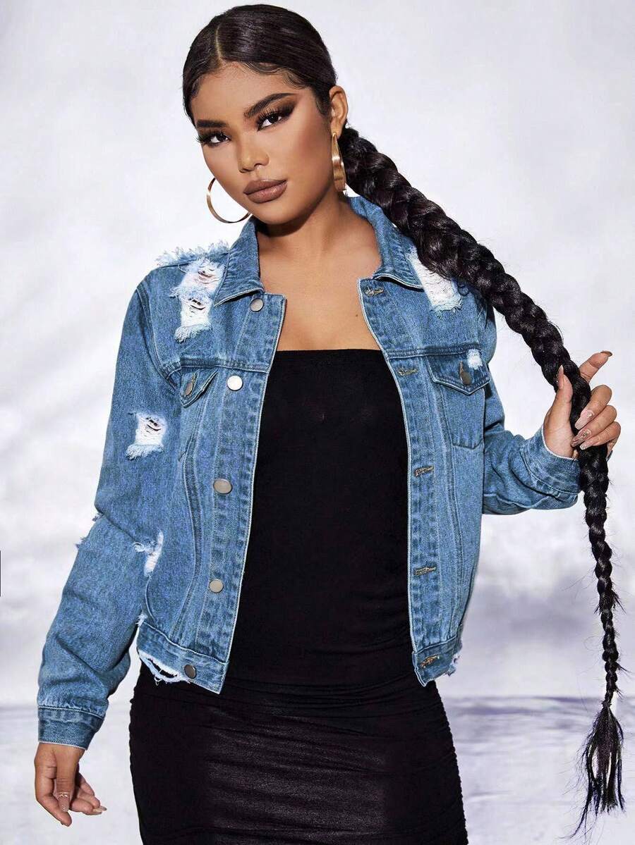 EURMUSE Casual Fashion Versatile Daily Long Sleeve Women Denim Jacket - Teal Blue - View 1