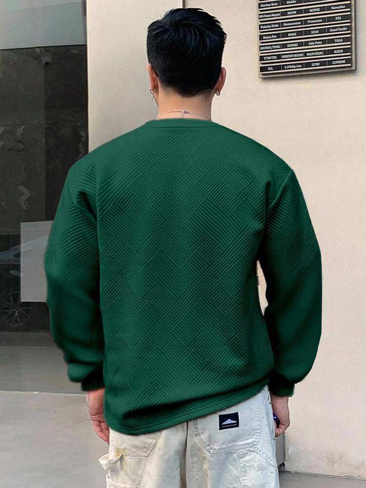 Textured Fabric Embroidered Military Green Label Design Men's T-Shirt, Autumn Long Sleeve Men Shirt, Fall