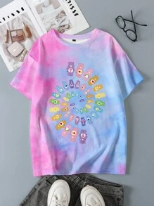 SHEIN X Care Bears 女士休闲时尚街头卡通熊扎染印花宽松T恤，夏季 - 白色 - 查看 1