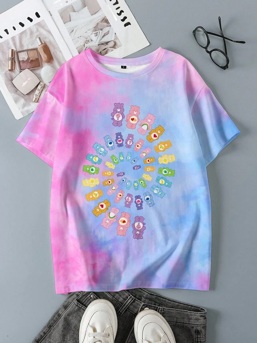 SHEIN X Care Bears 女士休闲时尚街头卡通熊扎染印花宽松T恤,夏季 - 白色 - 查看 1