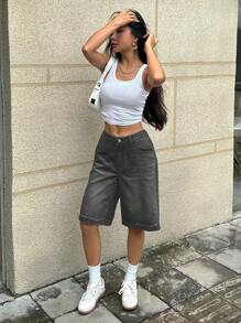 SHEIN ICON 纯色口袋休闲时尚阔腿牛仔短裤 - 深灰色 - 查看 6