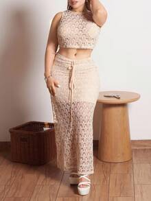 Lupita Cardoza WYWH 女士度假钩针针织上衣和开衩下摆半身裙套装，非常适合音乐节和波西米亚风格，钩针服装两件套 - 杏色 - 查看 4