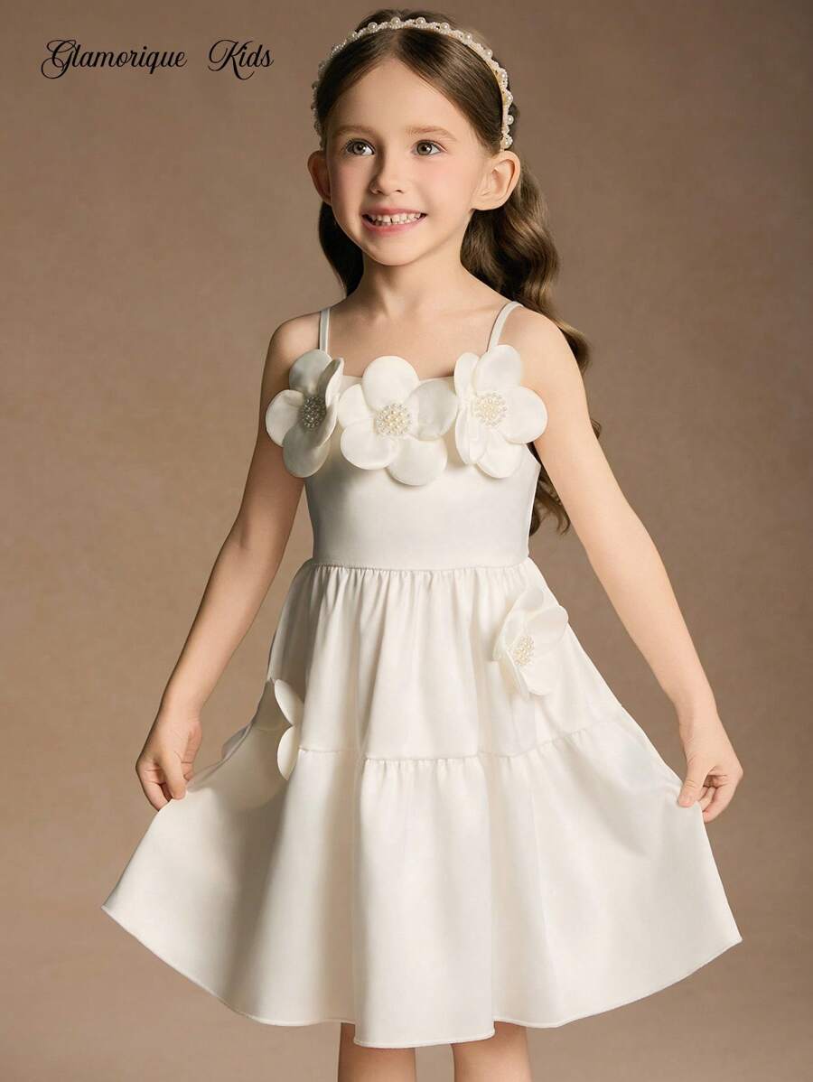 Glamorique Kids Vestido de Dama de Honra Floral para Meninas Jovens, Casamento, Florista, Rosa 3D, Apresentação de Festa, Adequado para Ocasiões Formais, Palco, Apresentação de Piano - Branco - Visão 1