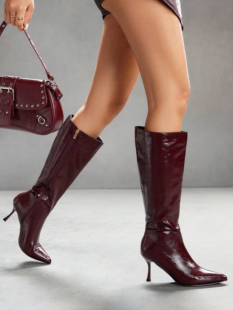CUCCOO SZL Fashionable Wine Red Pointed Toe Slim High Heel Over-The-Knee Boots For Women For Christmas