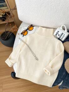 SHEIN Young Boys' Vintage Floral Textured Polo Collar Half-Zip Loose Raglan Pullover Sweater, Thermal Lined Thick Warm For Winter Fall - Apricot - View 3