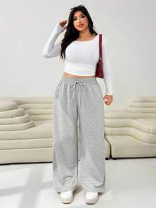 Solflare 舒适休闲纯色针织低腰阔腿女式运动裤，秋季、冬季、返校季