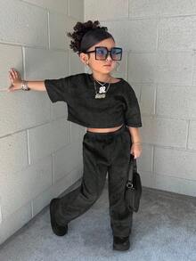 2 件装年轻女孩炭灰色套头 T 恤和紧身裤套装，休闲日常搭配 - 灰色 - 查看 2