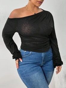 SHEIN PETITE CURVE Plus Size Women's Solid Color Slope Collar Long-Sleeved T-Shirt For Women Casual Loose Slouchy Style See-Through Blouse Beach Vacation Style Top For Women Off The Shoulder Top Long Sleeve Top One Shoulder Top Women Tops Puff Sleeve Top