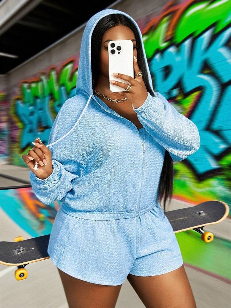 Slaydiva 2025 Autumn & Winter New Arrivals, Women's Fall/Winter Clothes - Blue Long Sleeve Shirt, Short T-Shirt, Zipper Front Vest, Shorts 3-Piece Loose Plus Size Women Lounge Sets - Blue - View 1