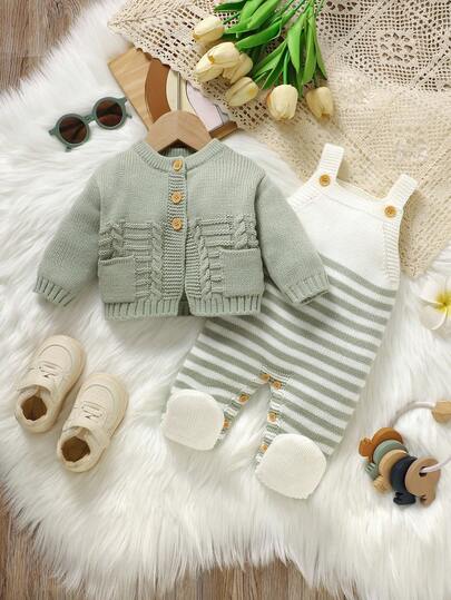 SHEIN 2pcs Newborn Baby Green Sweater Set: Round Neck Long Sleeve Cardigan With Pockets + Striped Suspender Romper Fall Winter