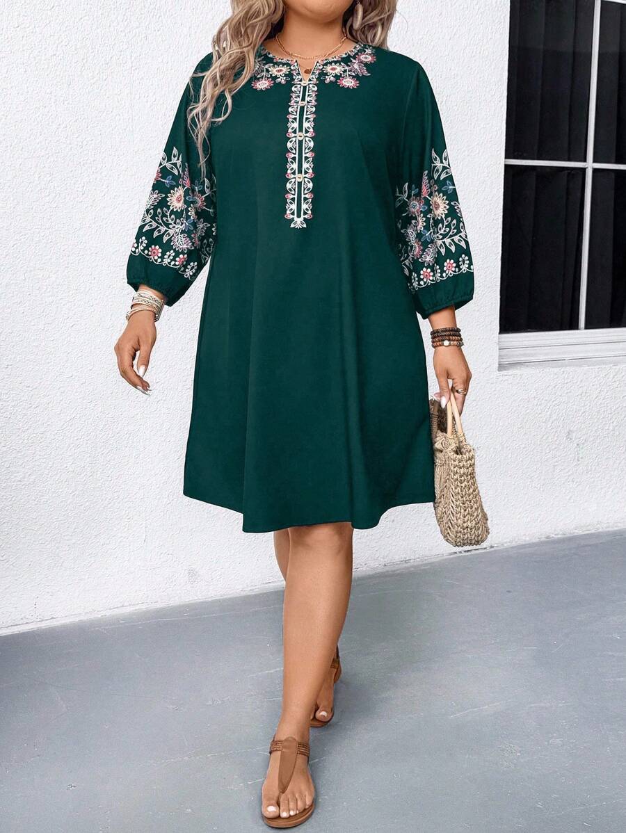 Breezaya Women Summer Plus Size Vintage Boho Floral V-Neck 3/4 Sleeve A-Line Dress,Black Autumn Knee-Length Casual Vacation Fashion Elegant Elastic Cuff Dress - Black - View 1