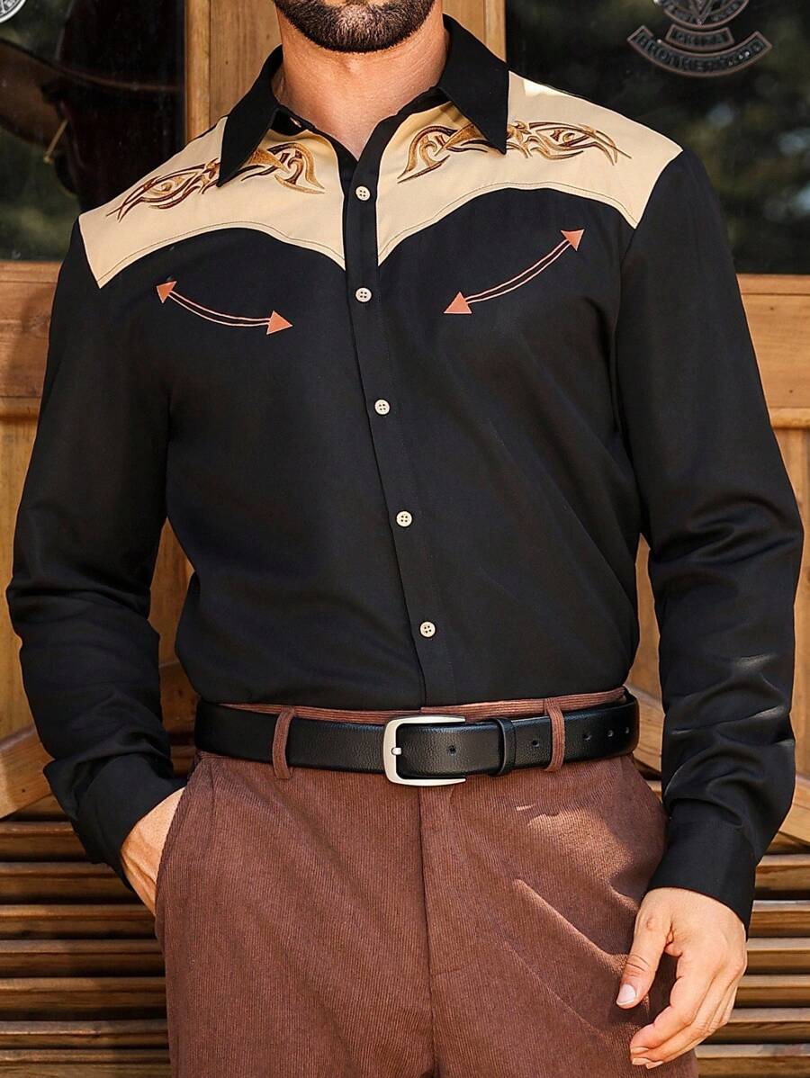 Manfinity Nomadique Vintage Western Cowboy Shirt For Men, Boho Embroidered Chest & Coconut Buttons, Black Long Sleeve Shirt For Festival Streetwear,Concert,Outdoor Activities,Unique Men Gift Idea Button-Down Fit Western Shirt, Fall