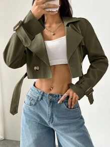 SHEIN EZwear 女款缺口領鈕扣前襟長袖短款風衣，適合秋冬日常休閒穿著，軍綠色 - 軍綠色 - 查看 4