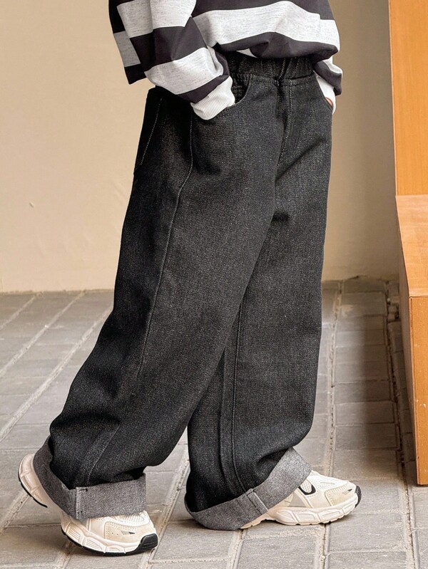 Young Boy Fall/Winter Urban Street Cool Vintage Distressed Basic Style Fashion Black Denim Cuffed Loose Fit Baggy Jeans,For Boys Fall/Winter Costume Dailywear Clothes And Back To School Clothes,Boys Homecoming Outfits,Boys Night Out Outfits And Streetwear Outfits,Toddler Boys Casual Jeans