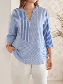 Rosumi Áo sơ mi tay dài cổ chữ V kẻ sọc mùa hè và mùa thu cỡ lớn dành cho nữ Quần áo mùa thu cho nữ - Nhiều màu - Xem 2