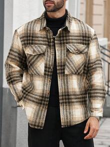 Manfinity Homme 大码男士休闲宽松格子长袖大衣，秋冬 - 彩色 - 查看 1