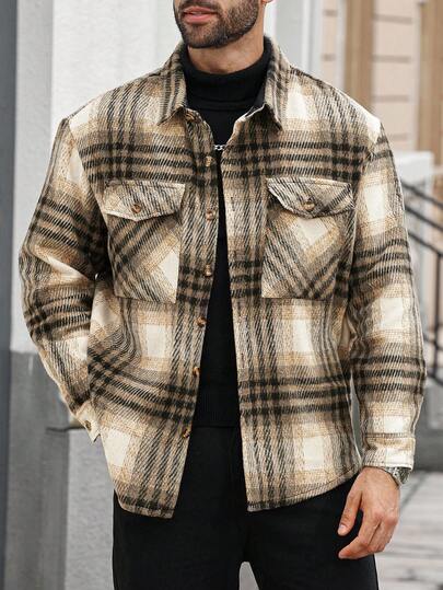 Manfinity Homme 大码男士休闲宽松格子长袖大衣，秋冬