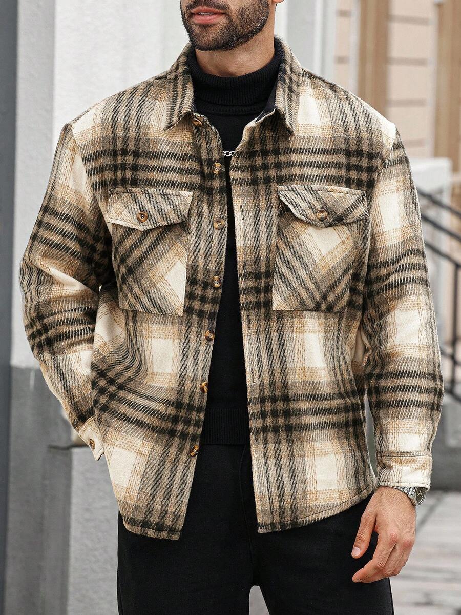Manfinity Homme 大码男士休闲宽松格子长袖大衣,秋冬 - 彩色 - 查看 1