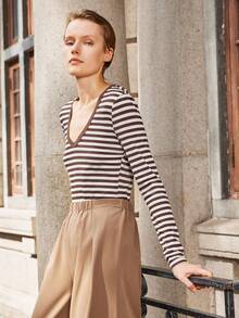 Lumivelle Fashionable Slim Fit V-Neck Long Sleeve Striped Women T-Shirt Fall For Elegant Fashionable Casual Commuting Business Office Daily Leisure All-Match Urban Teacher Professional Attire - Coffee Brown - View 6