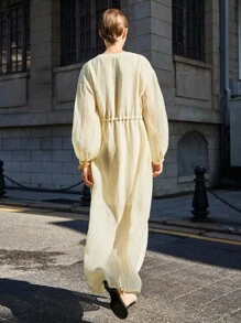 Lumivelle 婚礼宾客礼服 秋季连衣裙 秋季女装 女士优雅休闲V领纹理面料收腰长灯笼袖连衣裙 休闲装 春季大学服装 - 杏色 - 查看 2