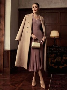 ZEYLAH 优雅V领鱼尾下摆渐变腰连衣裙，秋冬 - 藕粉色 - 查看 7