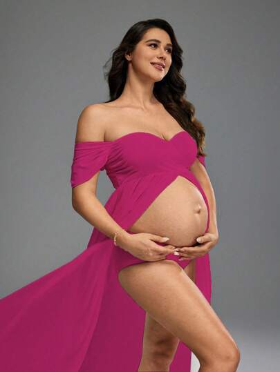 Cheriluna Maternity 孕妇纯色露肩拍摄照连衣裙