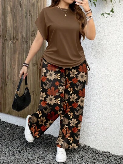 EMERY ROSE مجموعة قطعتين بنمط ورقة القيقب الأنيق والبسيط، مناسبة للخريف، مقاس كبير
