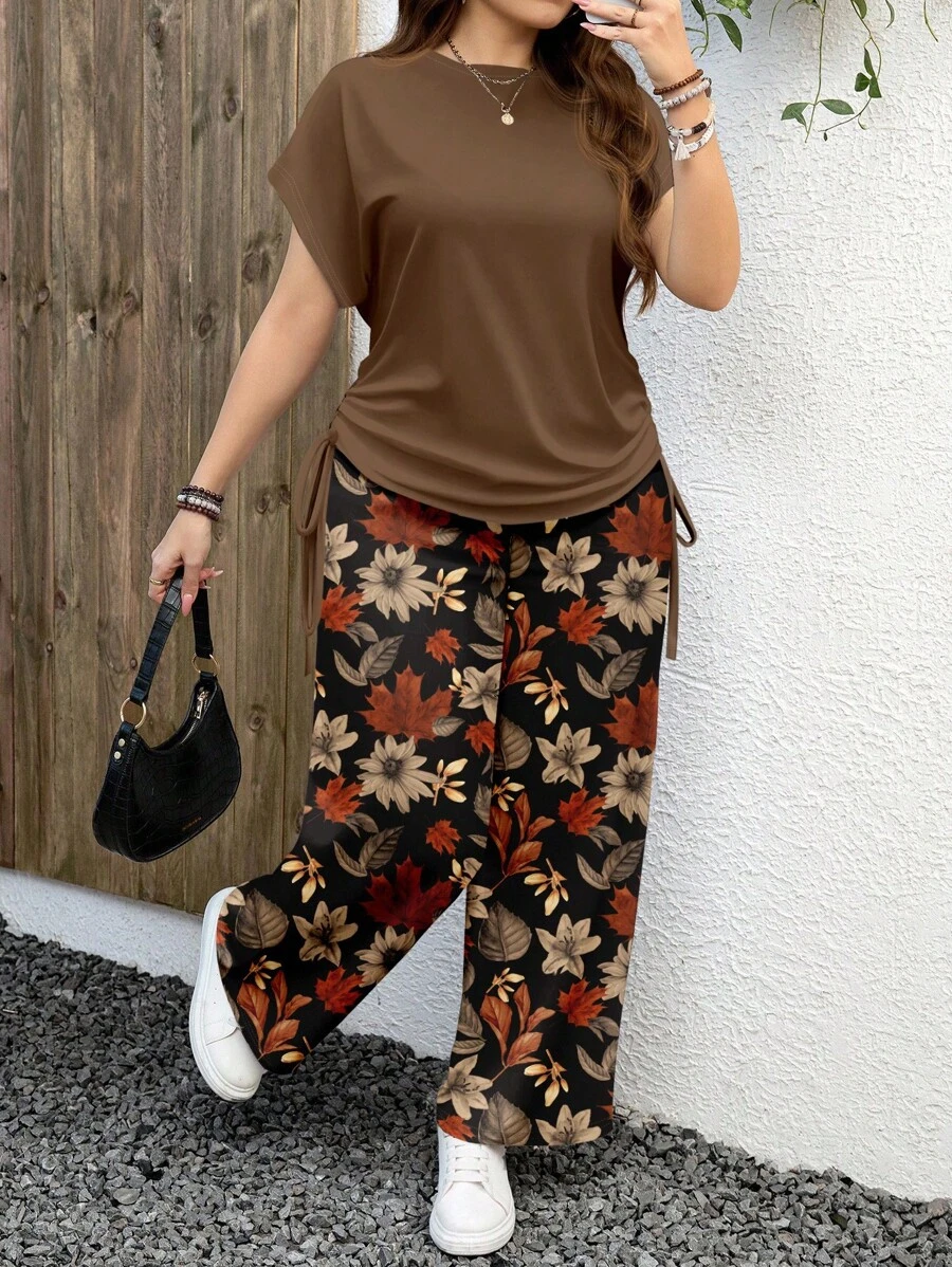 EMERY ROSE Casual Minimalist Maple Leaf Pattern Plus Size 2 Pieces Set, Suitable For Autumn - Multicolor - View 1