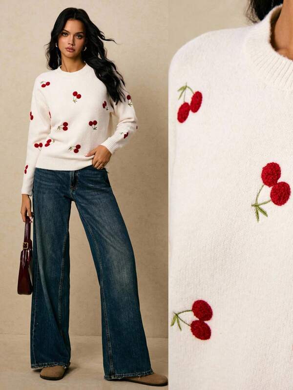 Poéselle Suéter holgado de mujer con bordado de cerezas, de manga caída y estilo informal, para otoño