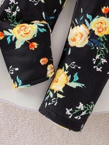 2pcs Baby Girls' Round Neck Long Sleeve Bow Knit Top And Floral Print Pants Holiday Set, Fashionable For Autumn, Holidays And Daily Wear Fall Winter - Yellow - View 4