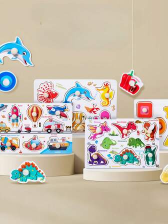 Zazumi 1SET Wooden Pegboard Puzzle Montessori Multi Theme Patterns Animals Ocean Fruits Vehicles Farm Fine Motor Skill  Learning Brain Booster Sensory Toy