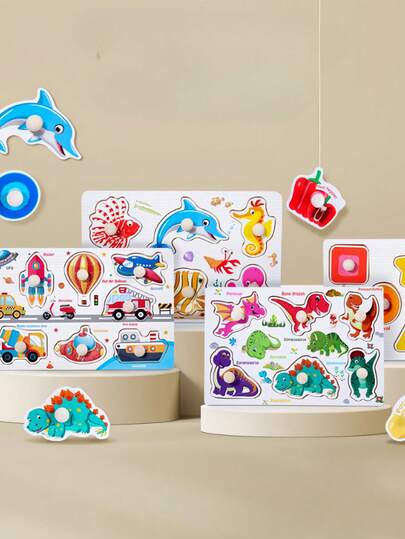 Zazumi 1SET Wooden Pegboard Puzzle Montessori Multi Theme Patterns Animals Ocean Fruits Vehicles Farm Fine Motor Skill  Learning Brain Booster Sensory Toy