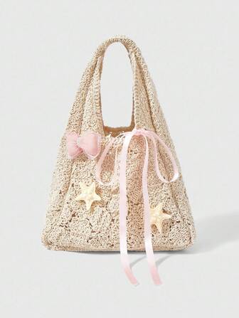 Fairycore 1pc Bohemian Style Beach Bag, Hollow Woven Net Tote Bag For Women, Vacation & Beach Decor