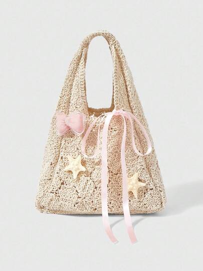 Fairycore 1pc Bohemian Style Beach Bag, Hollow Woven Net Tote Bag For Women, Vacation & Beach Decor