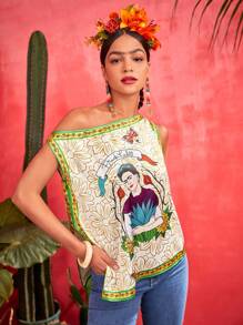 Frida Kahlo X SHEIN بلوزة جرافيك شخص ياقة غير متماثل