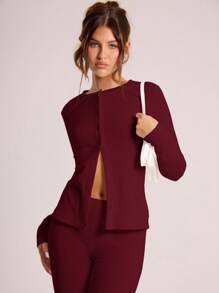 MUSERA Ribbed Button Through Long Sleeve Crew Neck Top Casual Vacation Airport Holiday Fall Winter  Elegant  Holidays, Party