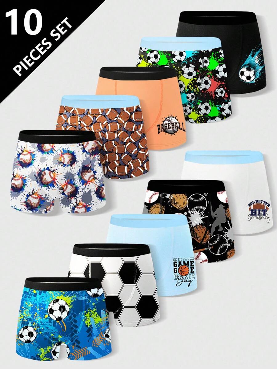 10pcs/Pack Tween Boys' Football, Basketball, Rugby Sports Graphic Print Boxer Briefs Boys Boxers Pack Underpants For Boys Toddler Boy Boxers Fall Winter