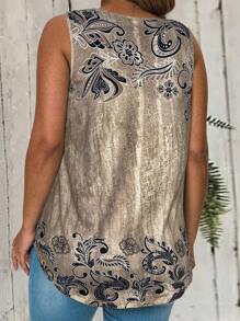 EMERY ROSE 大码女式印花休闲度假背心，乡村休闲蓝色印花背心，简约时尚，适合夏季、度假、日常休闲穿着，可作上衣、外出穿着，2025新款，秋季女装 - 杏色 - 查看 2